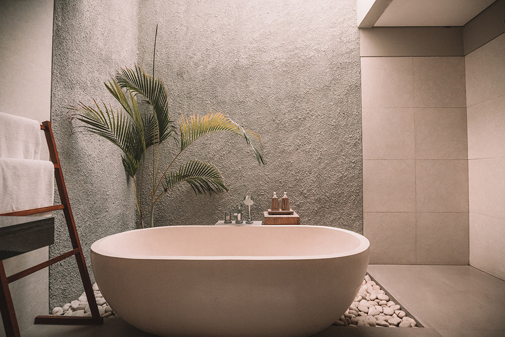 Sunny bathroom with minimalist tub, towel ladder and tropical palm tree.