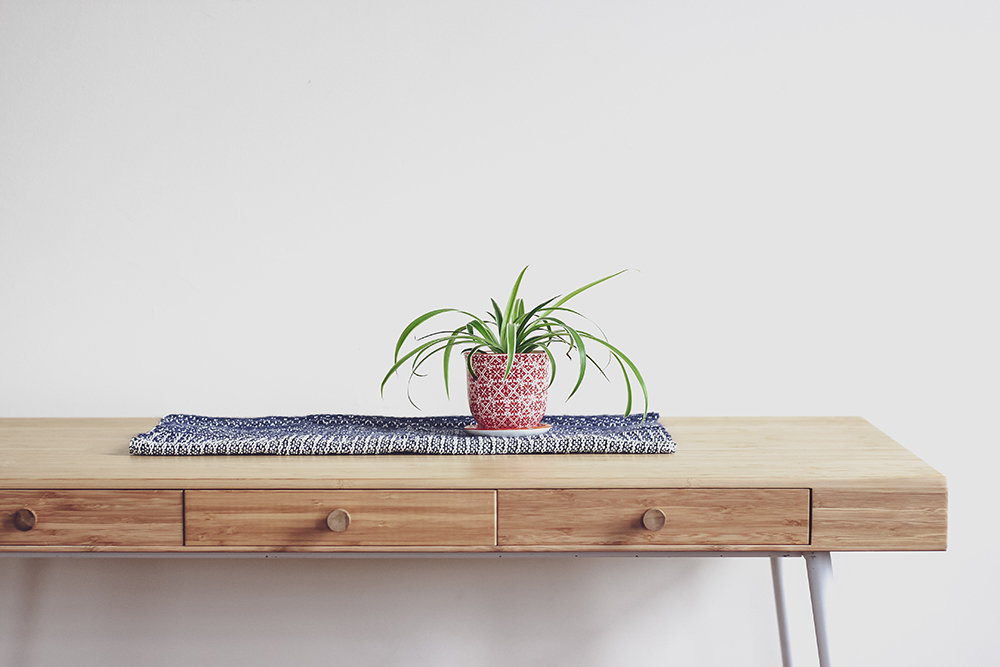 Spider plant in a patterned red pot on a wooden table.